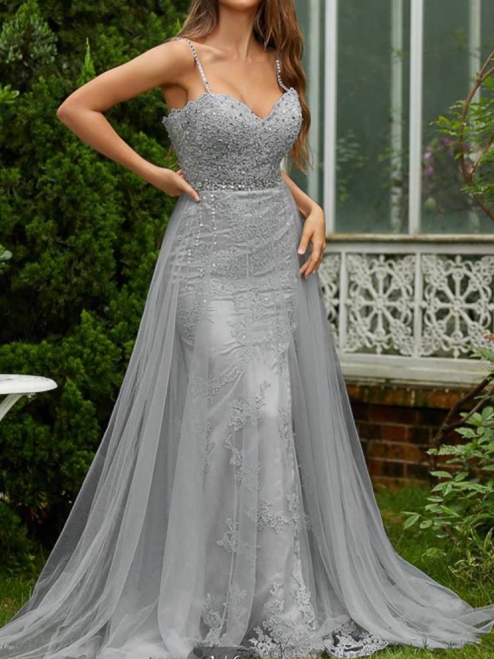 Rhinestone Strap Silver Lace Prom Gown with Tulle Overskirt